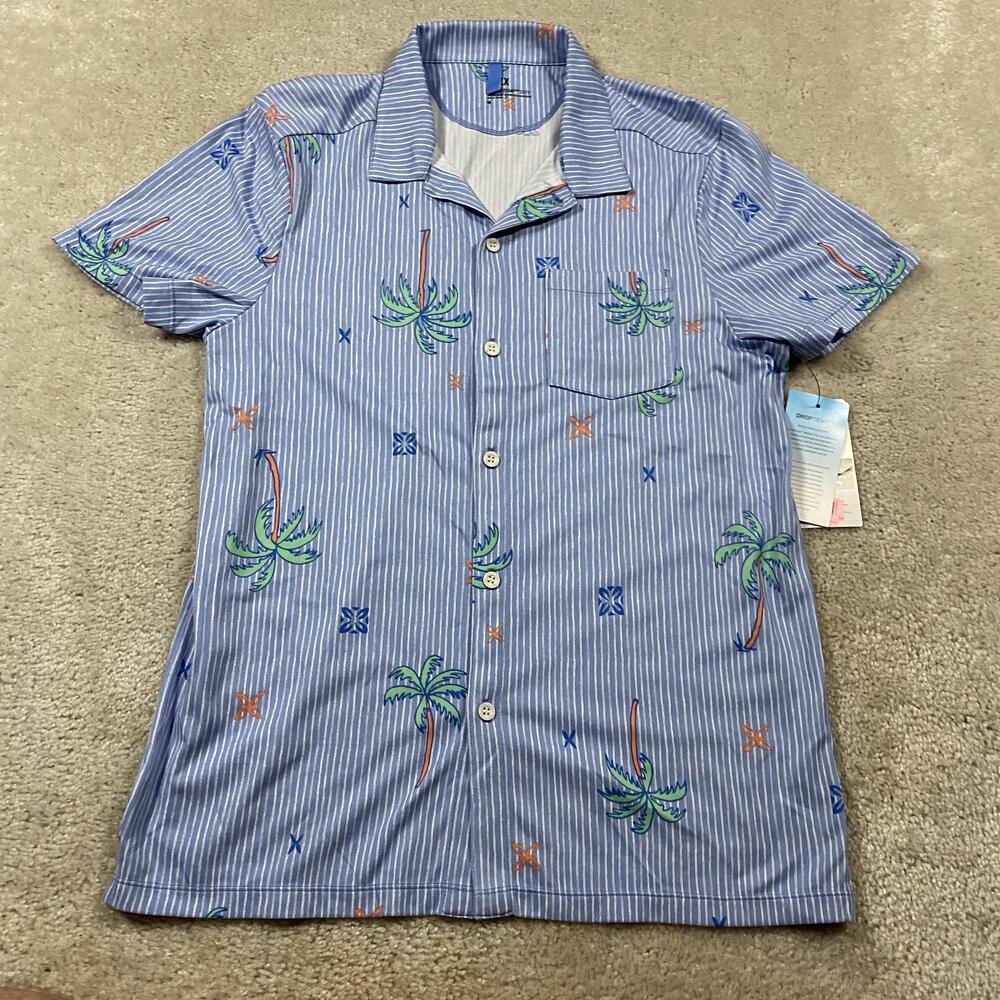 Saxx Shirt Mens M Blue Stripe DropTemp Dry Resort Palm Tree Tropical Button Up